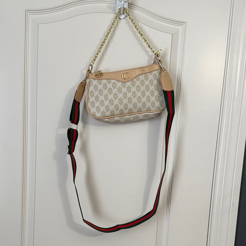Gucci Dupe Beige and Tan Crossbody Bag with Red and Green Strap